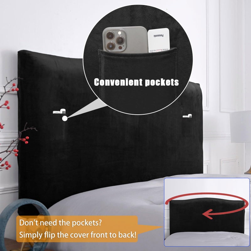 WOMACO Headboard Cover Queen with Storage Pockets, Stretch Velvet Head Board Slipcover, Dustproof Bed Head Cover for Upholstered Headboard (Length (51" - 70"), Black) - Image 2